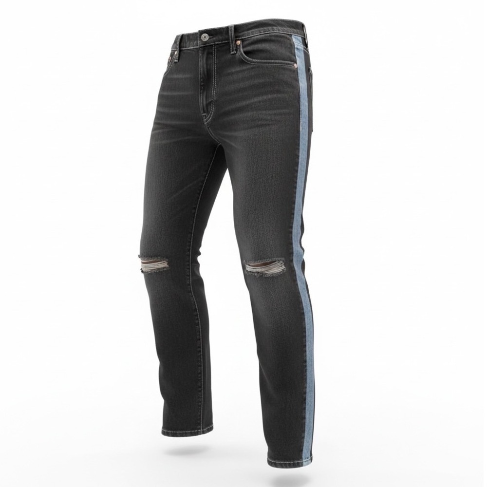 Levis Premium Lo-Ball big E Jeans Mens 44 Black Distressed Blue Logo Side Stripe